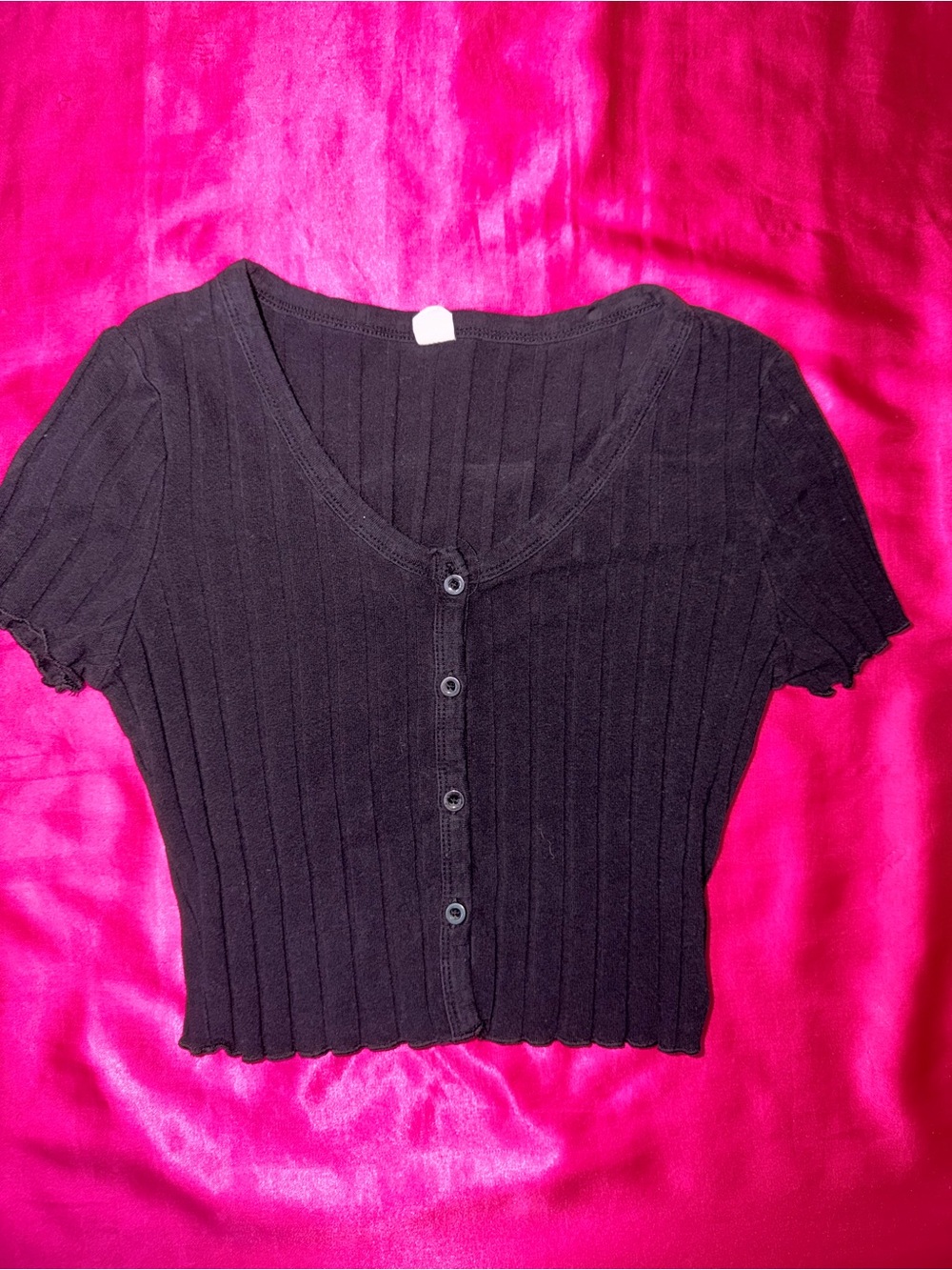 Black Ribbed Button-Front Crop Top - Women